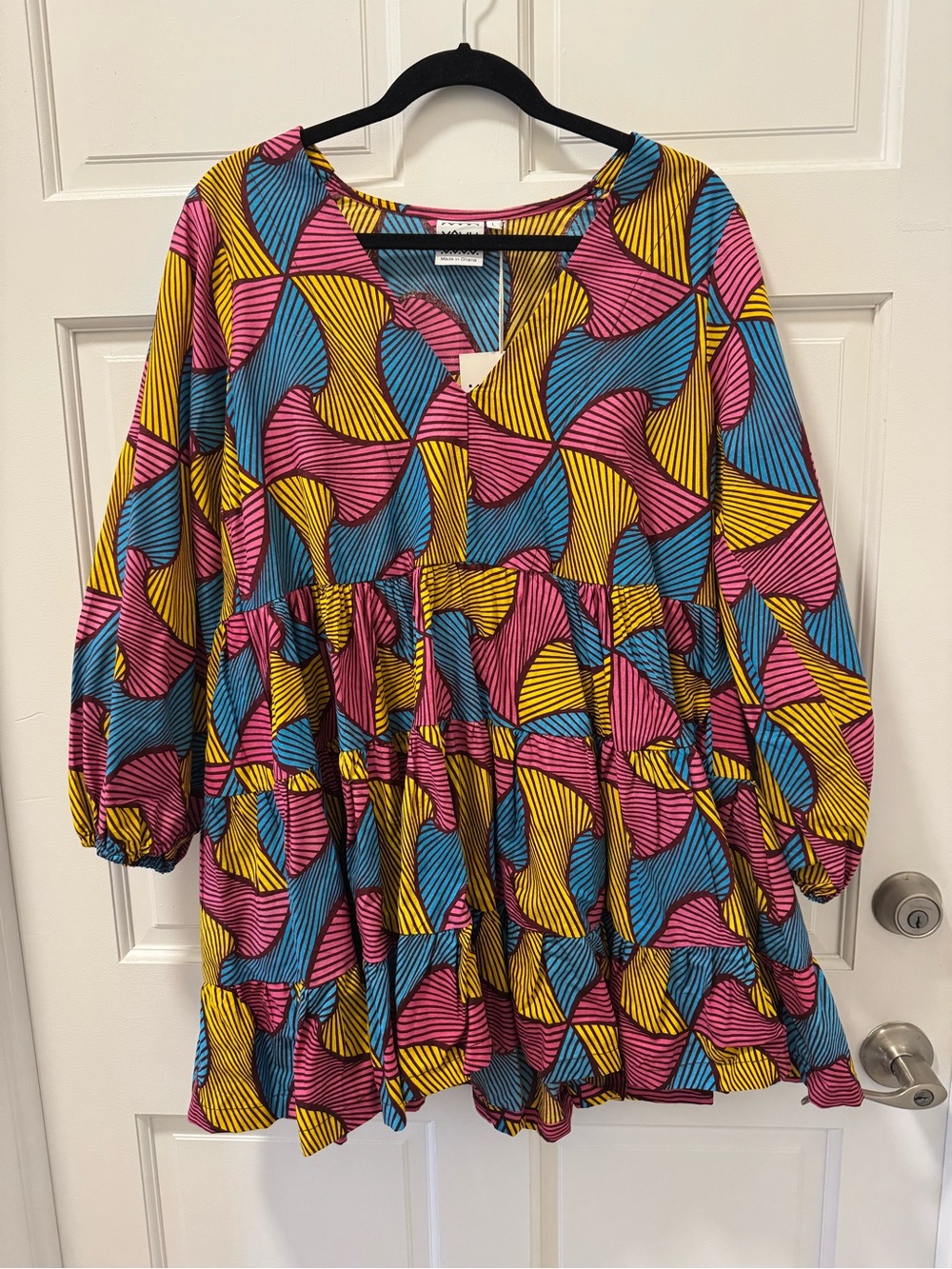 Yevu Clothing Vibrant Pink, Blue & Yellow Tiered Smock Dress